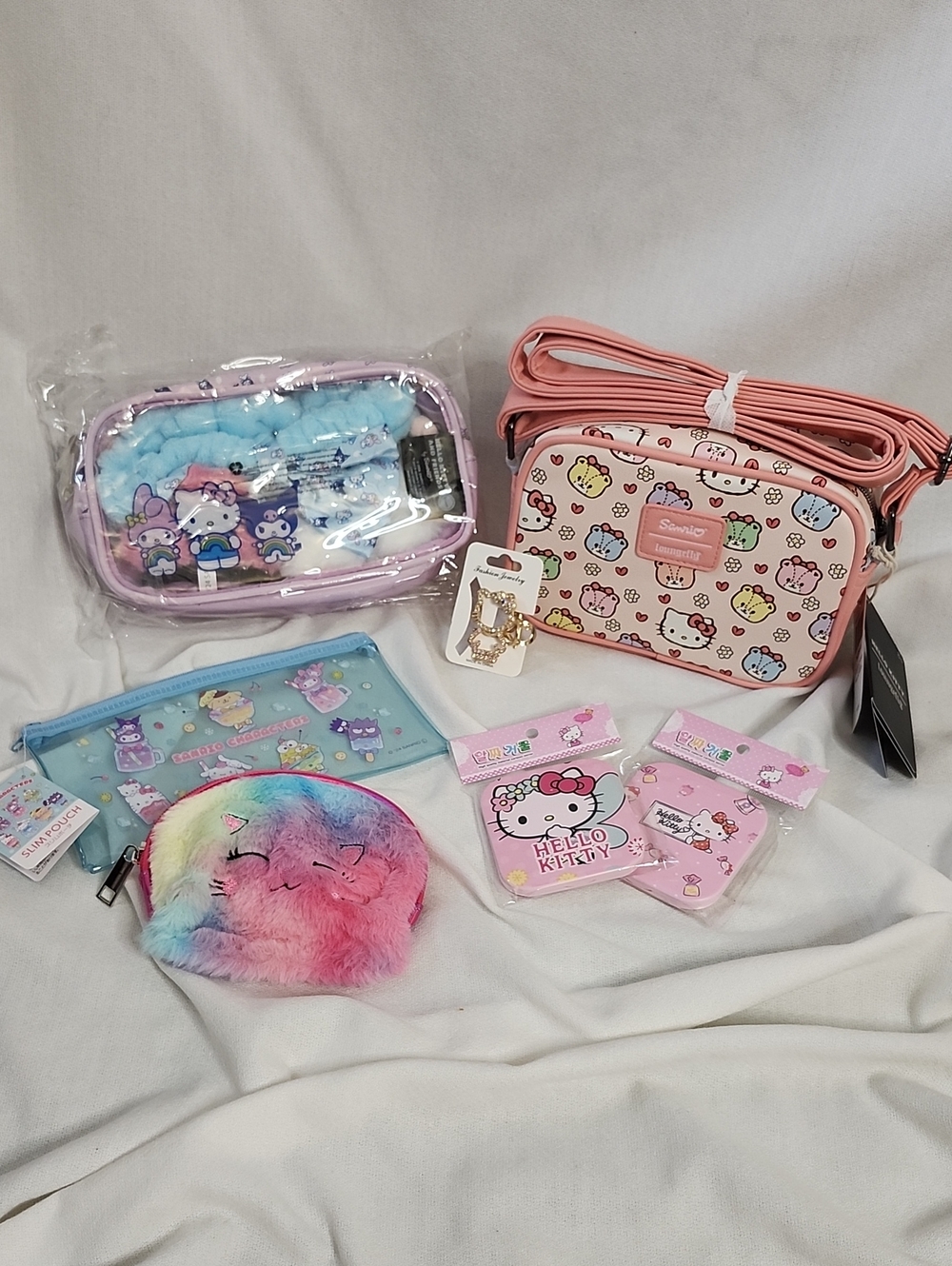 Hello Kitty Pink Patterned Crossbody Bag with Pastel Accessories